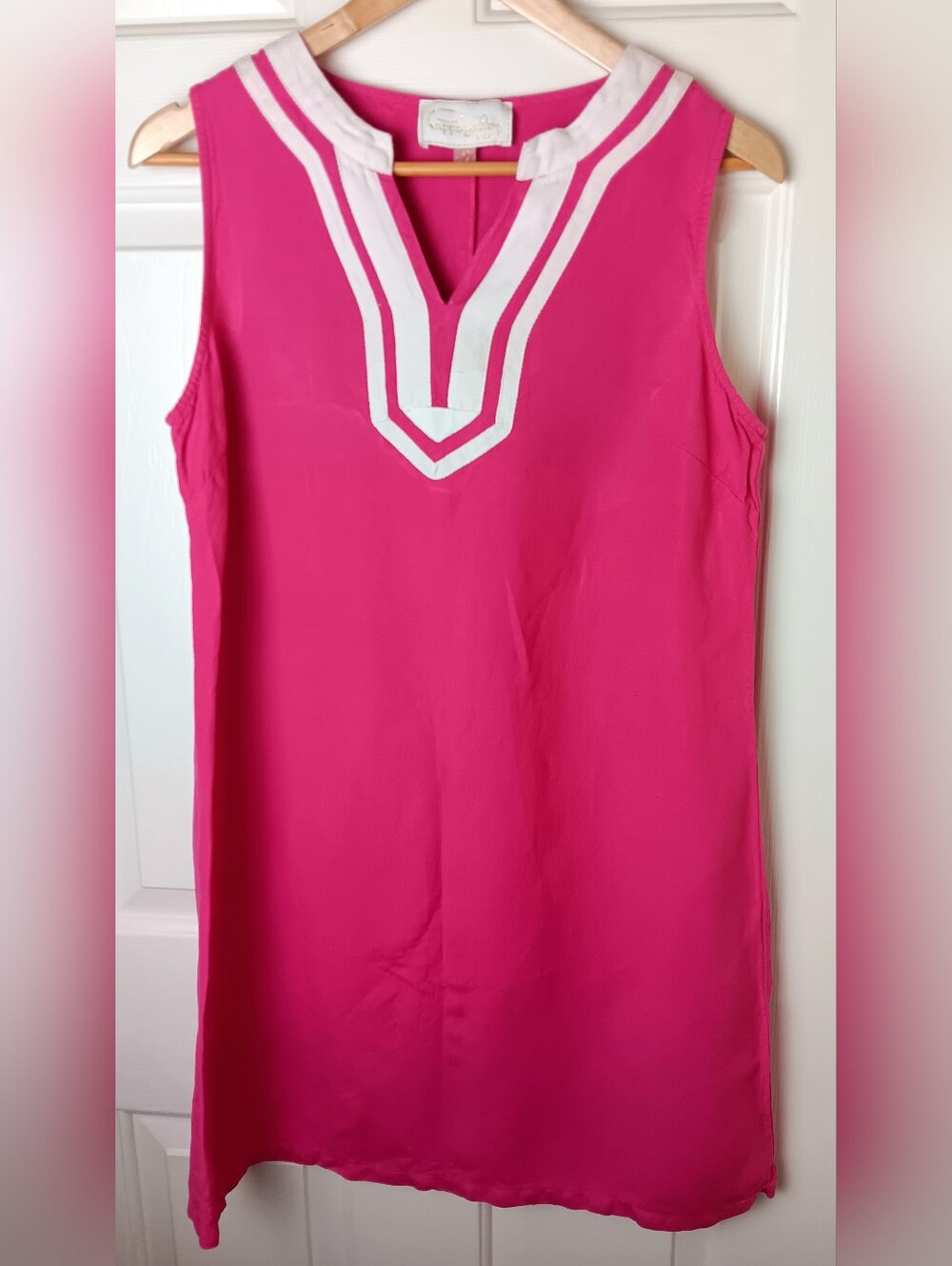 Pappagallo Size 10 Sleeveless Shift Dress V Neck Linen Blend Pink W/ White Trim